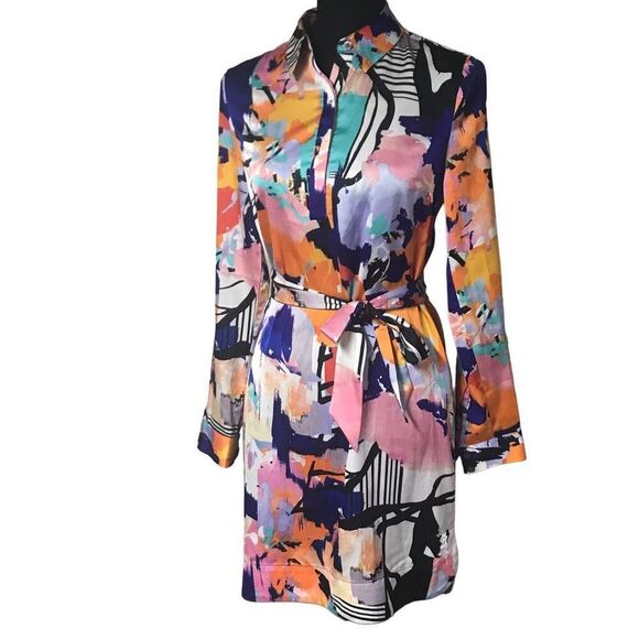 Cynthia Steffe Lines and Floral Watercolor Print Belted Shirt Dress N0391 - Picture 1 of 7